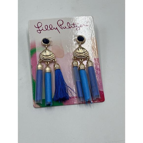 Lilly Pulitzer Seaside Capri Blue Tassel Seashell Statement Earrings - Picture 6 of 6